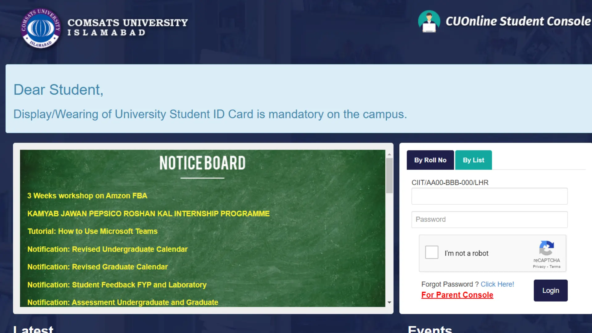 COMSATS University Lahore Campus Student Portal